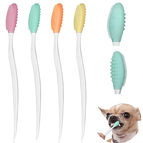 SlowTon Hundezahnbürste, 4 Stück Silikon doppelseitig weicher Hund Zahnbürste Set mit 5,7 Zoll gebogenem langem Griff Dog Toothbrush für kleine Hunde Katzen welpen von SlowTon