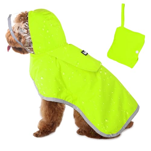 SlowTon Regenmantel Hund wasserdicht, durchsichtige doppellagige Regenjacke Hund mit Kapuze für kleine, mittlere und große Hunde, Hunderegenmantel mit reflektierendem Streifen und Aufbewahrungstasche von SlowTon