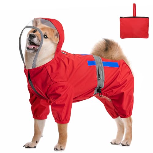 SlowTon Regenmantel Hund wasserdicht, reflektierender Hunderegenmantel mit Kapuze und Aufbewahrungstasche für kleine, mittlere und große Hunde, Hunderegenjacke für Spaziergänge, Winddicht und leicht von SlowTon