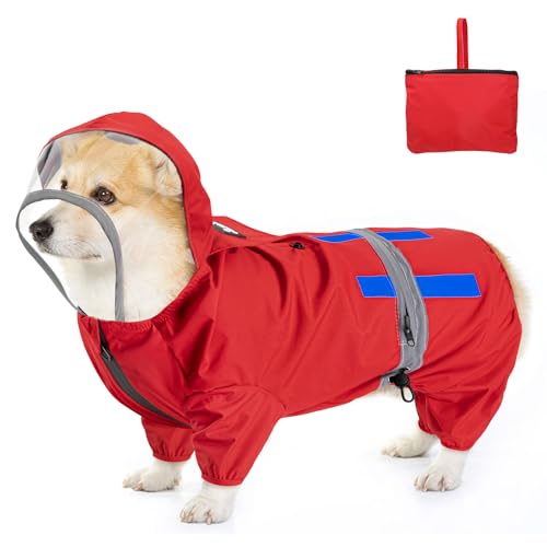 SlowTon Regenmantel Hund wasserdicht, reflektierender Hunderegenmantel mit Kapuze und Aufbewahrungstasche für kleine, mittlere und große Hunde, Hunderegenjacke für Spaziergänge, Winddicht und leicht von SlowTon