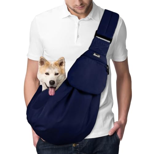 SlowTon Hundetragetasche, Haustier Hundetasche mit verstellbarem, gepolstertem Schultergurt und Fronttasche Tragetasche Hund für Spaziergang Aktivitäten im Freien und Ausflüge(Dunkelblau) von SlowTon