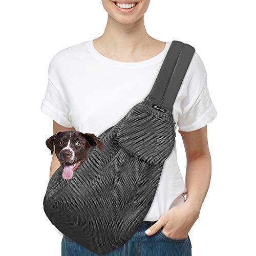 SlowTon Hundetragetasche, Haustier Hundetasche mit verstellbarem, gepolstertem Schultergurt und Fronttasche Tragetasche Hund für Spaziergang Aktivitäten im Freien und Ausflüge(Gittergewebe-Grau) von SlowTon