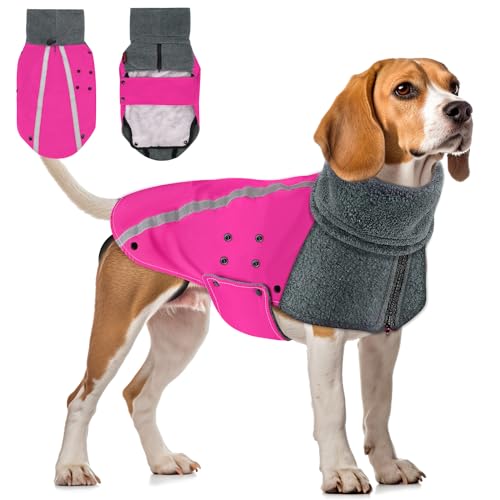 SlowTon Winter Hundemantel, Warm Polar Fleece Futter Hund Outdoor Jacke mit Rollkragen Schal Reflektierende Streifen Verstellbar Wasserdicht Winddicht Welpenweste Weiche Haustier Outfits von SlowTon