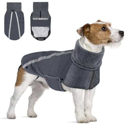 SlowTon Winter Hundemantel, Warm Polar Fleece Futter Hund Outdoor Jacke mit Rollkragen Schal Reflektierende Streifen Verstellbar Wasserdicht Winddicht Welpenweste Weiche Haustier Outfits von SlowTon