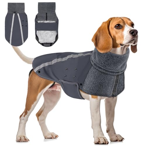 SlowTon Winter Hundemantel, Warm Polar Fleece Futter Hund Outdoor Jacke mit Rollkragen Schal Reflektierende Streifen Verstellbar Wasserdicht Winddicht Welpenweste Weiche Haustier Outfits von SlowTon