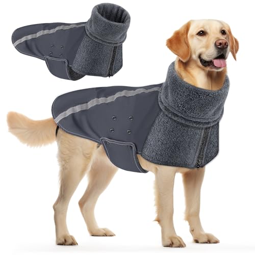 SlowTon Wintermantel für Hunde, Warmes Futter aus Polar Fleece Außenjacke für Hunde mit Rollkragenschal Reflexstreifen Einstellbar Wasserdicht Winddicht Welpenweste Weiches Haustier (XL, Grau) von SlowTon