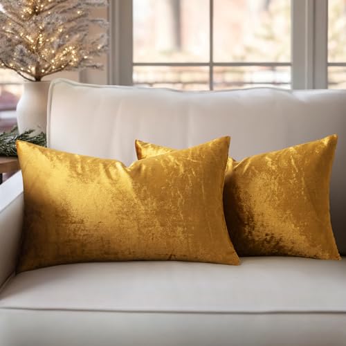 Slozzi 2er Set Samt Kissenbezüge Haushalt Dekokissen Dekorative Kissenhülle Weich Sofakissen für Sofa Schlafzimmer Wohnzimmer 30x50 cm Dunkelgold von Slozzi