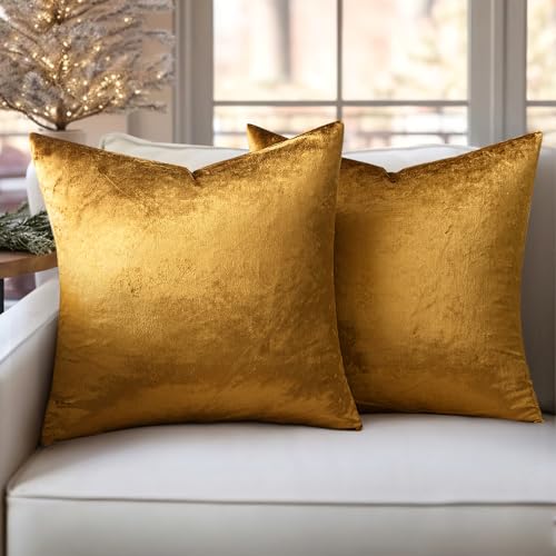 Slozzi 2er Set Samt Kissenbezüge Haushalt Dekokissen Dekorative Kissenhülle Weich Sofakissen für Sofa Schlafzimmer Wohnzimmer 50x50 cm Dunkelgold von Slozzi