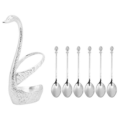 Sluffs Muster Schwan Obst Gabel Und Löffel Set Zinklegierung Schwanenförmige Halterung Obst Dessertlöffel Set Küchengeschirr(Silber 6 Löffel) von Sluffs