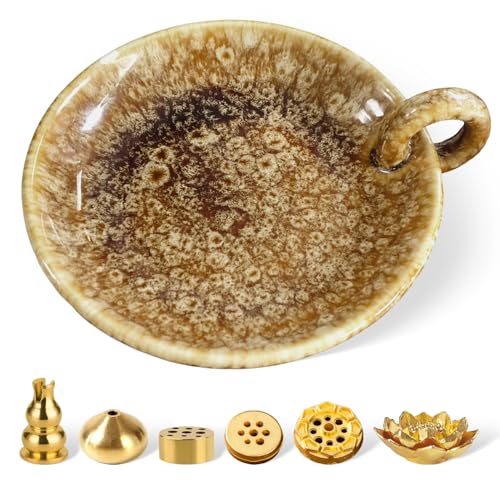 7-in-1 Räucherstäbchen Halter Keramik Basis Räucherschale Räuchergefäß Incense Burner für Yoga Deko Zen Garten Spirituelle Deko Dekoration für Das Schlafzimmer (Gelb Brau) von Slvoaujtk