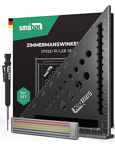 Smabix® 5 in 1 Zimmermannswinkel 3er Set mit Tieflochmarker und Ersatzminen inkl. Videoanleitung, extra robust, 18cm Schreinerwinkel Tischlerwinkel Winkelmesser Anschlagwinkel, 90 Grad Winkel von Smabix