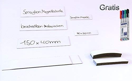 Magnet-Schilder 40mm x 150mm weiß non-permanent beschreibbar Qualität ''Anistrop'' 10 Stück + 4 Gratis non-permanent Stifte von Smagnon