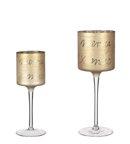 2tlg. Glaskelch Windlicht Set H20/25cm Gold innen Silber Motiv Winterwald Kerzenhalter Kerzenleuchter Kerzenständer von Small-Preis