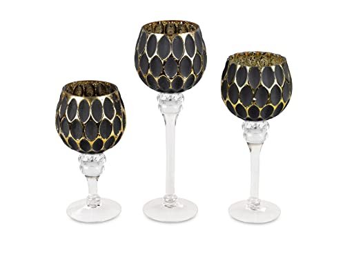 3tlg. Glaskelch Windlicht Set H20/25/30cm Schwarz-Gold Kelch auf Fuß Kerzenhalter Kerzenständer Kerzenleuchter von Small-Preis