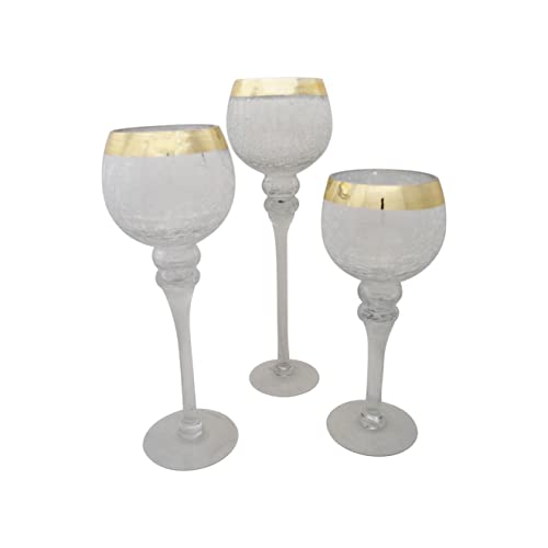 3tlg. Glaskelch Windlicht Set H40/35/30cm Crackle Glas mit goldenem Rand Kelch auf Fuß Kerzenhalter Kerzenständer Kerzenleuchter in 3 verschiedenen Designs 221 von Small-Preis