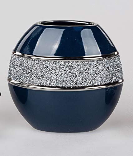 Edle Vase Blumenvase Tischvase Flunder Designvase in Nachtblau und Silber glänzend und mit Strass verziert, in verschiedenen Variationen (Rund 21 cm) von Small-Preis
