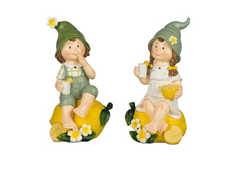 Small-Preis Deko-Figuren Sommerkinder Greta und Franz Gartenkinder sitzend auf Zitrone mit Getränk in der Hand Frühjahrsdeko Sommerdeko für Innen und Außen im 2er Set 301 von Small-Preis