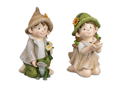 Small-Preis Deko-Figuren Sommerkinder Greta und Franz kniende Gartenkinder mit Frosch und Vöglein Frühjahrsdeko Sommerdeko für Innen und Außen 26cm groß im 2er Set 172 von Small-Preis
