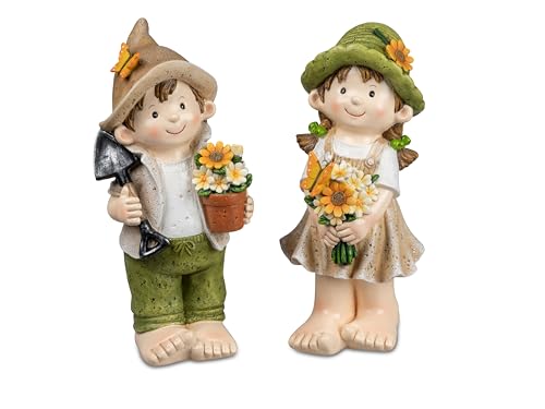 Small-Preis Deko-Figuren Sommerkinder Greta und Franz stehend Gartenkinder mit Strauß und Blumentopf Frühjahrsdeko Sommerdeko für Innen und Außen 30 cm groß im 2er Set 202 von Small-Preis