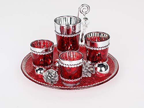 Windlicht-Set Stern aus Glas, 25cm, 1 Stück, Rot-Silber, 5-teiliges Set von Small-Preis
