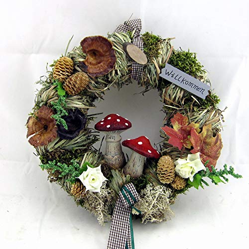 Tisch- oder Türkranz rund ø 28 cm - Kranz aus Naturmaterialien, mit Fliegenpilz - Sommer - Herbst - Winter als Willkommensgruß (Art.846) von Small-Preis