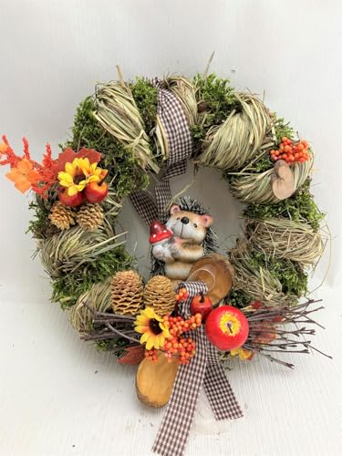 Tisch- oder Türkranz rund ø 28 cm - Kranz aus Naturmaterialien mit Igel sitzend - Frühling - Sommer - Herbst als Willkommensgruß (Art. 816) von Small-Preis