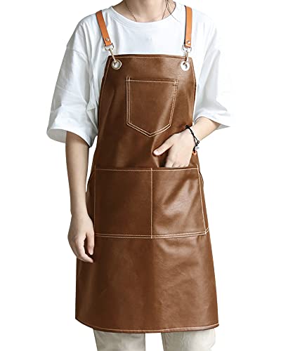 Small snail Retro PU Leder Schürze Unisex Verstellbare Töpferschürze mit 5 Taschen Wasserdicht Kreuz Zurück Malschürze für Männer Frauen Friseur Handwerk Backen Café Garten von Small snail