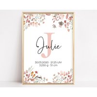 Poster Zur Geburt, Geburtsposter Geburtsdaten Personalisiert Kinderzimmer Deko Floral, Geschenkidee Taufe von SmallTreasuresDE