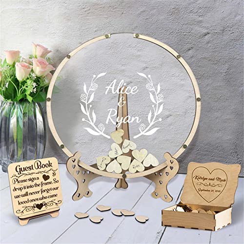 Smallduuck Personalisiertes rundes Gästebuch mit 30-100 Holzherzen in Einer rustikalen Drop Box für Hochzeiten mit rustikaler Gästebuchdekoration,Rund Gästebuch-Stil 1 von Smallduuck
