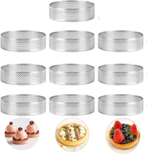 Smallterm 10 StüCk Runde Tortenring Tartelette Förmchen Torten Ringe mit LöChern Edelstahl Kuchen Quiches Kuchen Mousse Form KüChe Back Form für Herstellung Von Pie Quiche Kreis DonutsBurger 10Cm von Smallterm