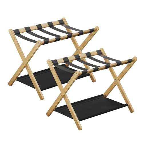 Smart FENDEE 2er-Set Bambus Gepäckträger, Faltbarer Gepäckträger mit Stoffablage, Geeignet für die Meisten Gepäckgrößen, Hält bis zu 59 kg, Ideal für Gästezimmer, Hotel (Naturfarben) von Smart FENDEE