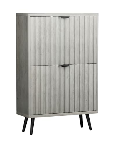 Smart FENDEE Schuhschrank schmal 2 Klappen, 24cm Tiefe in Hellgrau Holzoptik, 4 verstellbare Fächer, für 8-12 Paar Schuhe, Kippsicherung für Eingangsbereich/Flur, 60x24x94cm von Smart FENDEE