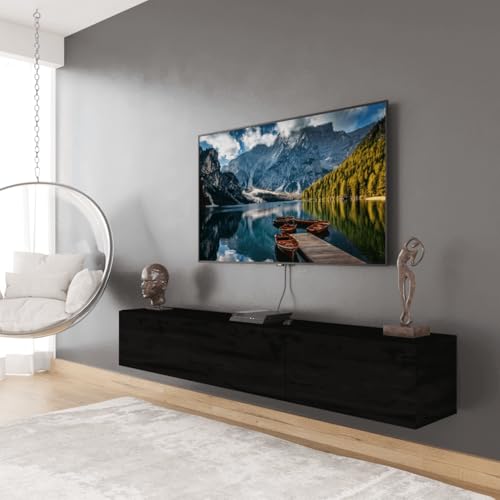 Smart Home Art Colima TV Lowboard Wandmontage – 180 cm Hängeschrank mit 3 Türen – Schwebendes TV-Möbel aus Atlantik-Kiefer für Fernseher bis 75 Zoll (Schwarz) von Smart Home Art