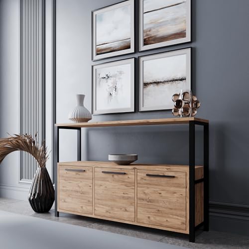 Smart Home Art Sorte Sideboard – 3-türiger Konsolenschrank mit Regal – Atlantic Eiche – Metallfüße – Modernes Design für Wohnzimmer, Flur & Büro von Smart Home Art