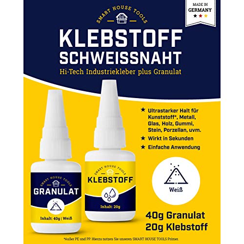 Klebstoff Schweißnaht - 2K Reparatur Set (20g Sekundenkleber + 40g Granulat) Power Kleber für Kunststoff Plastik ABS Metall Holz Keramik - extra stark durch 2 Komponenten von Smart House Tools