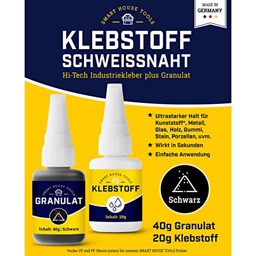Klebstoff Schweißnaht schwarz - 2K Reparatur Set (20g Sekundenkleber + 40g Granulat) Power Kleber für Kunststoff Plastik ABS Metall Holz Keramik - extra stark durch 2 Komponenten von Smart House Tools