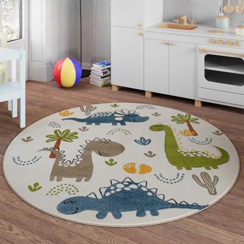 Smart Kids Gewebter Kinderteppich Spannende Abenteuer mit niedlichen Dinosaurier-Motiven – Dino & Friends (120 cm rund, Creme weiß) von Smart Kids
