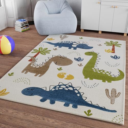 Smart Kids Gewebter Kinderteppich Spannende Abenteuer mit niedlichen Dinosaurier-Motiven – Dino & Friends (120 x 170 cm, Creme weiß) von Smart Kids