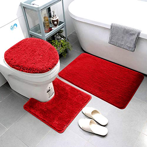 Smart Linen 3-teiliges Badezimmerteppich-Set mit Badematte, Konturmatte und WC-Deckelbezug, maschinenwaschbar, super weiche Mikrofaser und rutschfeste Badematten mit Gummi-Rückseite, solide (rot) von Smart Linen