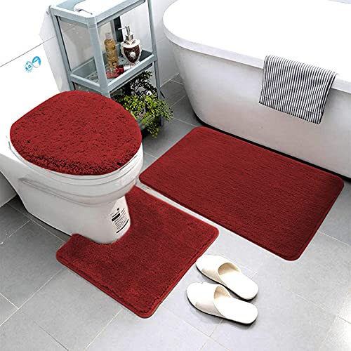 Smart Linen 3-teiliges Badezimmerteppich-Set mit Badematte, Konturmatte und WC-Deckelbezug, maschinenwaschbar, super weiche Mikrofaser und rutschfeste Badematten mit Gummi-Rückseite, solide (Burgund) von Smart Linen