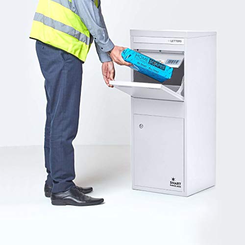 SMART PARCEL BOX Paketbox draußen, Standbriefkasten mit Paketfach, Paketbriefkasten XXL, große Postbox für Pakete Outdoor, Paketkasten Entnahme hinten & vorne, rostfrei, verzinkter Stahl, weiß von Smart Parcel Box