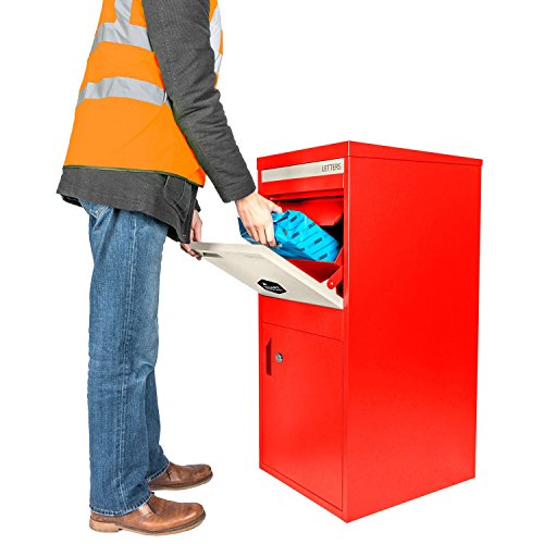 Extra große Smart Parcel Box, Paketbriefkasten für alle Zustelldienste mit Paketfach und Briefkasten, sichere Paketbox mit Rückholsperre, Entnahme hinten & vorne, 490 x 550 x 1030 mm, rot von Smart Parcel Box