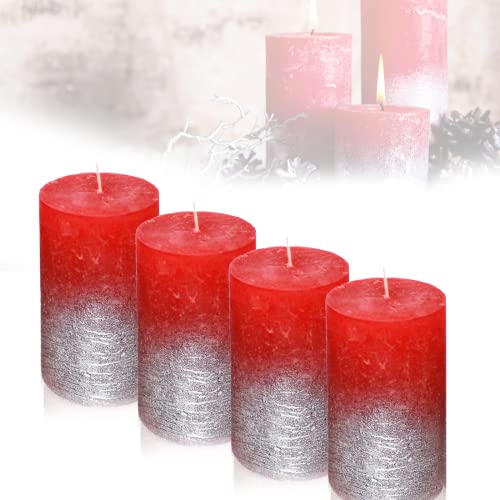 Candelo 4er Set Ambiente Rustic Stumpenkerzen - Rot Metallic Silber - große Kerze 12cm - Brenndauer ca. 54 Stunden Weihnachtskerzen Adventskranz von Candelo