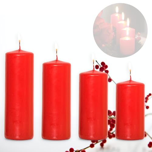 Candelo 4er Set Kerzen Weihnachten Ambiente Stumpenkerzen - Rot - 12/14/16/18cm - Weihnachtskerzen Adventskranz - Advent Kerze Weihnachtsdekoration von Candelo