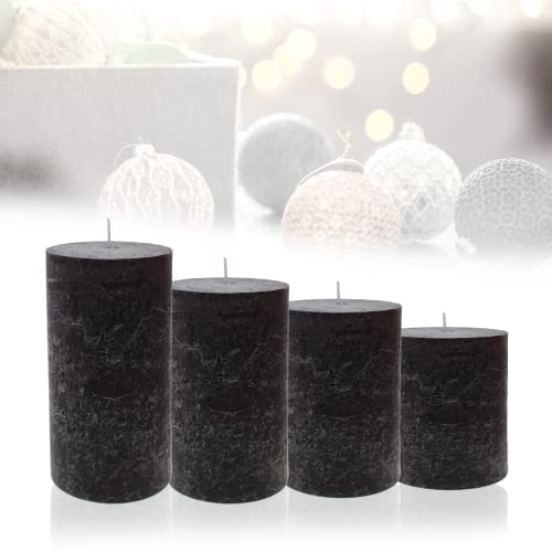 Candelo 4er Set Rustik Kerzen Ambiente Weihnachten - Adventskranz Kerze Rustic - Farbe Schwarz - 8/10/12/14cm - Stumpenkerze Advent Weihnachtskerze von Candelo