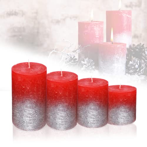 Candelo 4er Set Rustik Kerzen Ambiente Weihnachten - Adventskranz Rustic - Farbe Rot Metallic Silber - 8/10/12/14cm - Stumpenkerze Weihnachtskerze von Candelo