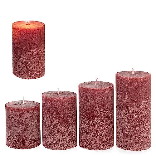 Candelo 4er Set Rustik Kerzen Weihnachten - Adventskranz Kerze Rustic - Farbe Bordeaux Dunkelrot - 8/10/12/14cm - Stumpenkerze Advent Weihnachtskerze von Candelo