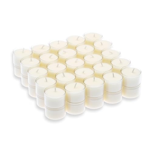 Candelo 50er Set Kerzen Teelichte - Vorratspack Teelichter in Creme Weiß - ohne Duft - 8 Std Brenndauer - Kunststoff Hülle – 3,8 x 2,5cm je Teelicht von Candelo