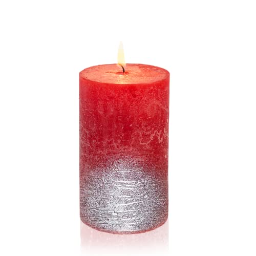 Candelo Rustik Kerze Weihnachten Ambiente - Rot Metallic Silber- Rustic Stumpenkerze 12cm lange Brenndauer ca 54 Std - Weihnachtskerzen Adventskranz von Candelo