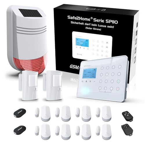 Safe2Home® Funk Alarmanlagen Set SP110 mit Sabotageschutz Solar Sirene - deutsch - GSM Alarmsystem SMS Alarmierung - Alarmanlagen fürs Haus Büro inkl. Zubehör Sensoren - Alarmsystem von Safe2Home